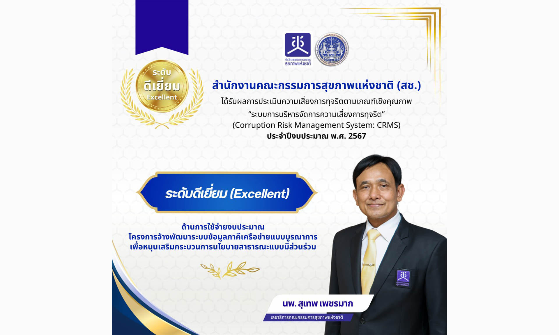 สช.ได้รับผลการประเมินความเสี่ยงการทุจริตตามเกณฑ์เชิงคุณภาพ "ระบบการบริหารจัดการความเสี่ยงการทุจริต" (Corruption Risk Management System: CRMS) ประจำปีงบประมาณ พ.ศ. 2567 ระดับดีเยี่ยม (Excellent)